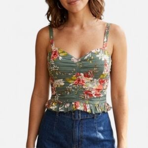 NWT Bog Collective Smocked Floral Cropped Tank Top Ruffle Trim Boho Festival MD